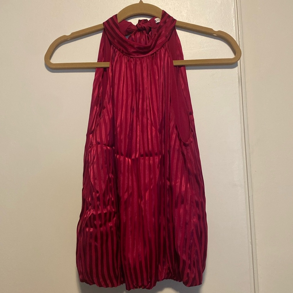 Alice + Olivia silk cranberry stripe on stripe blouse with elastic bottom.